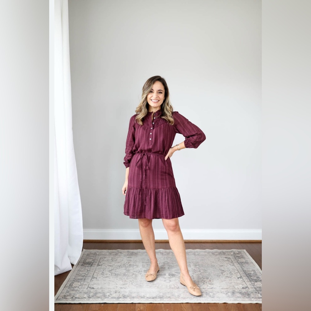New LOFT M Drop Waist Plaid Ruffle Tiered Belted Dress Purple Maroon Women